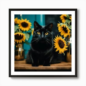 van gogh Black Cat With Sunflowers Art Print