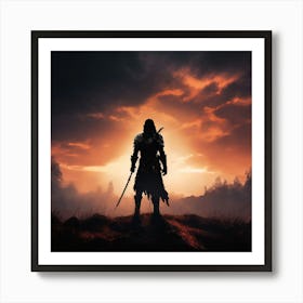 Elder Scrolls, A Silhouette Of A Warrior Standing Tall On A Battlefield With A Serene Background Signifying Inner Art Print