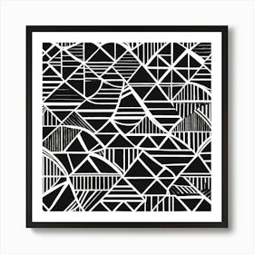 Retro Inspired Linocut Abstract Shapes Black And White Colors art, 233 Art Print