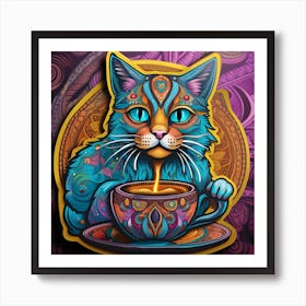 Cat With A Cup Of Tea Whimsical Psychedelic Bohemian Enlightenment Print 3 Art Print
