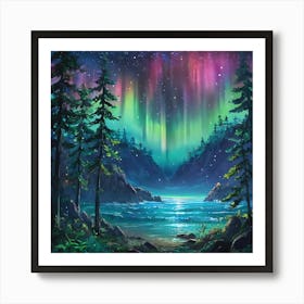 Enchanting Northern Lights Over a Serene Forest Cove at Twilight Art Print