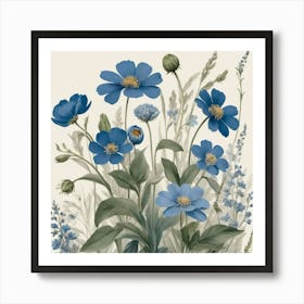 Blue Flowers Farmhouse Botanical Art Print Art Print