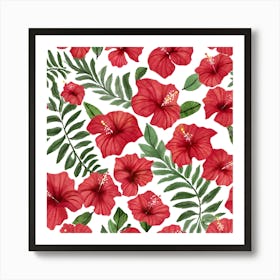 Botanical Wall Art Flowers Red Hibiscus Leaves #5 Art Print