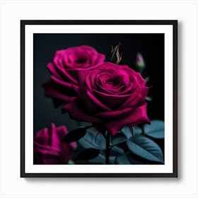 Pink Roses On Black Background Art Print