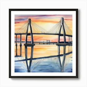 Accurate drawing and description. Sunset over the Arthur Ravenel Jr. Bridge in Charleston. Blue water and sunset reflections on the water. Watercolor.7 Art Print