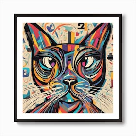 An Image Of A Cat With Letters On A Black Background, In The Style Of Bold Lines, Vivid Colors, Grap (8) Art Print