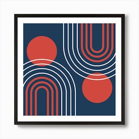 Mid Century Modern Geometric B36 In Navy Blue And Clear Red (Rainbow And Sun Abstract) 02 Art Print