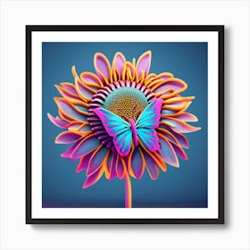 3d Sunflower With Butterfly Art Print