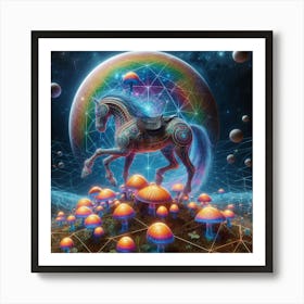 Horse travelling through the psychedelic dmt realm crossing a plane of mushrooms and earth Art Print