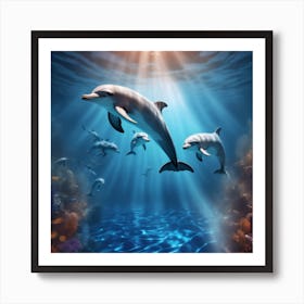 Dolphins Diving Through Illusionary Waves And Patterns Creating An Enchanting And Mystical Underwater Experience Art Print