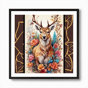 Deer With Flowers Art Print