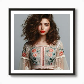Beautiful Young Woman In Embroidered Top Art Print