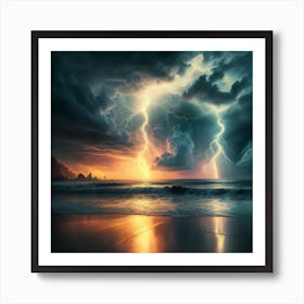 Lightning Over The Ocean Sunset Art Print