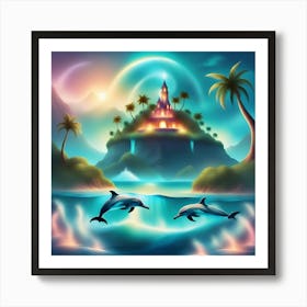 Dolphins In The Sea With A Castle Art Print