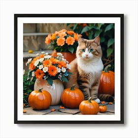 Cat With Pumpkins And Flowers Art Print