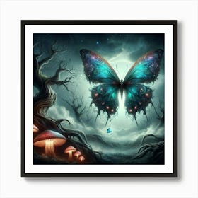 Butterfly And Mushrooms In The Forest Art Print