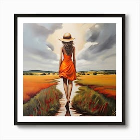 Girl In An Orange Dress Art Print