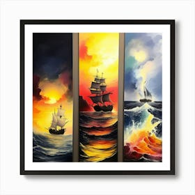 hree different vertical panels, ocean sea ⛵ ships 4 Art Print