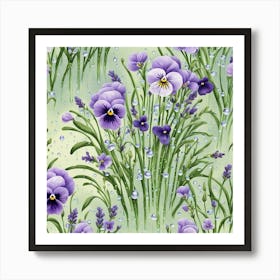 Lavender And Pansies, With Water Droplets Art Print