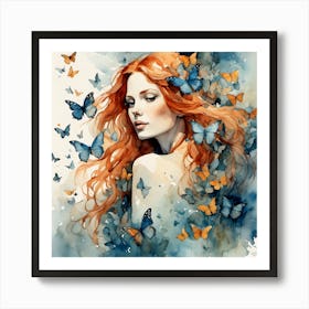 Red Haired Girl With Butterflies III Art Print