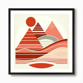 "Sunrise Symmetry in Red"  Capture the warmth and balance of "Sunrise Symmetry in Red," where geometric peaks and fluid waves converge in a symphony of red and cream tones. This striking abstract composition is perfect for adding a bold yet balanced statement to any room, inviting viewers to bask in the tranquility of a harmonized, stylized dawn. Art Print