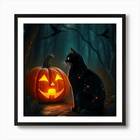 Black Cat With Pumpkin In Forest - Diverse Art Illustration 20 Affiche