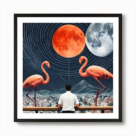 Flamingos And Moon Art Print