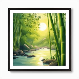 A Stream In A Bamboo Forest At Sun Rise Square Composition 21 Art Print