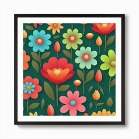 Flowers On A Green Background Pattern Art Print