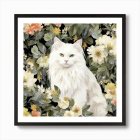 White Cat In Flowers Art Print