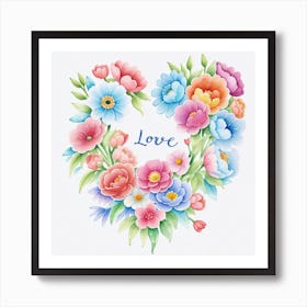 Watercolor Heart With Flowers Art Print
