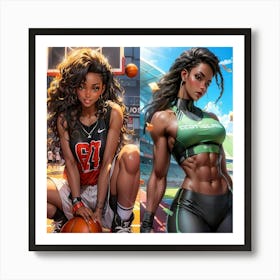 Two Women In Basketball Uniforms Art Print