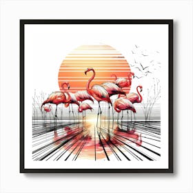 Red Flamingos - Abstract Line Art Illustration 121 Art Print