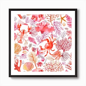 Corals Reef Crab Orange Square Art Print