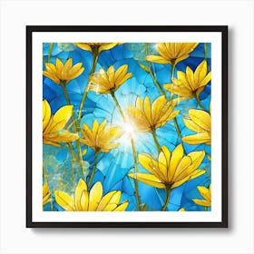 Yellow Flowers In Field With Blue Sky Broken Glass Effect No Background Stunning Something That Art Print