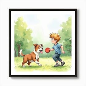 An English Bulldog And A Young Boy Playing With A Frisbee In The Park, Watercolor Art Print