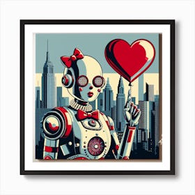 A Pop Art and Futuristic Painting of a Robot with Pearl Earrings and a Red Bow, with a Heart-Shaped Balloon and a Cityscape as Elements Art Print