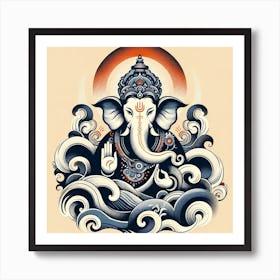 "Oceanic Omnipotence: Lord Ganesha's Serene Dominion" - In this art piece, Lord Ganesha is rendered with a powerful serenity, emerging from oceanic waves that symbolize the flow of life's challenges. The warm halo and the cool, swirling waters around him create a striking contrast, highlighting his role as the remover of obstacles and master of intellect. The use of traditional motifs in a fluid, contemporary style bridges the ancient and the modern, making this piece perfect for spaces that celebrate both spiritual depth and artistic innovation. Art Print