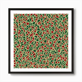 A Vintage Pattern Featuring Abstract Shapes With Rustic Green And Red Colors, Flat Art, 121 Art Print