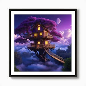 A Treehouse Floating In The Sky Among Lots Of Clouds Magical Luminousnight Purple Theme Vibrant 430117160 (2) Art Print