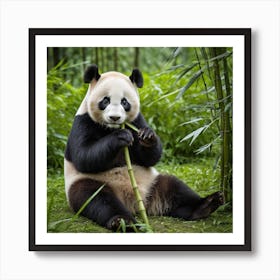 A Panda Sits Contently Eating Bamboo Amidst A Lush Green Forest, Its Black And White Fur Contrasting Beautifully With Nature Art Print