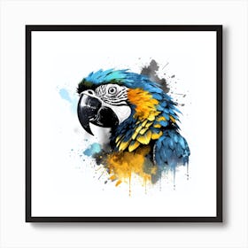 Blue And Yellow Macaw With Ink Splash Effect Art Print