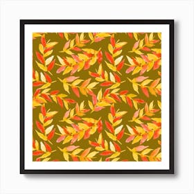 Leaves Curved Yellow Orange On Olive Art Print