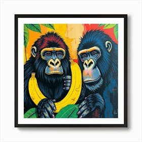 Two Gorillas Holding Bananas Art Print