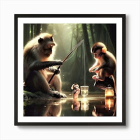 Monkeys Playing In The Water Art Print