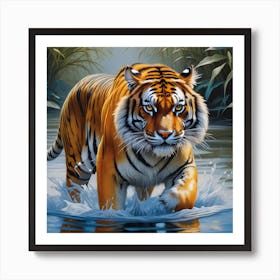 National Geographic Realistic Illustration Tigrer With Stunning Scene In Water (2) Art Print