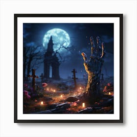 Pixar Zombie Arm Rising Up From The Ground Grave Yard Sceen Moon Light Spooky Art Print