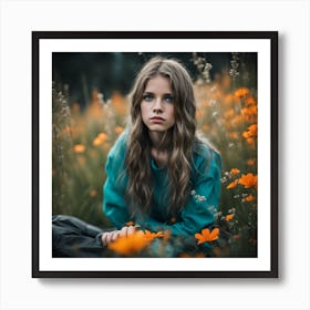 Girl In A Field Of Flowers Art Print