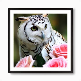 White Tiger Owl With Pink Roses 2 Art Print