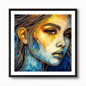 Portrait Of A Woman's Face In Stained Glass. An abstract artwork in blue, and orange colors with golden lines in artistic style. Art Print